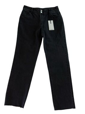 Oat New York Black Wash Straight Leg Jeans 100% Cotton Raw Hem Mid Rise Size 6